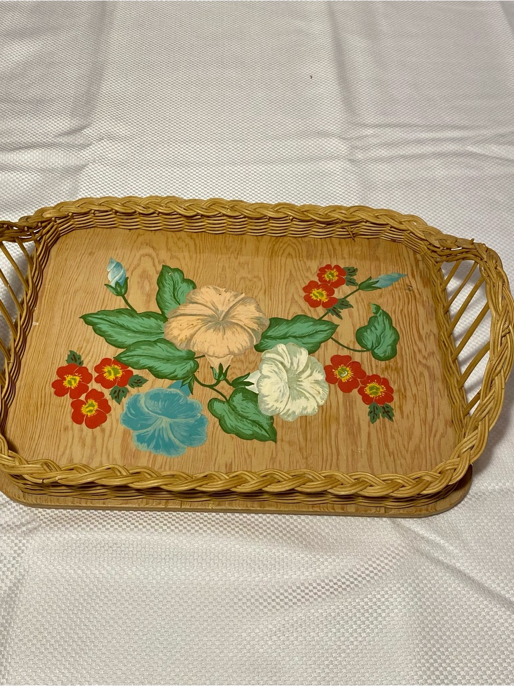 Vintage Floral Woven Rattan Serving Tray Hand-Painted Design - Natural
